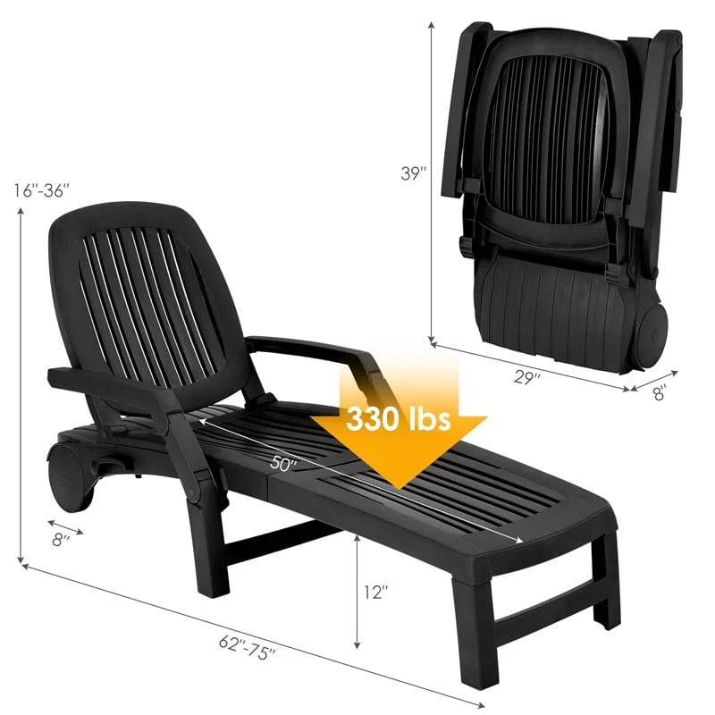 Weatherproof Folding Sun Lounger With Wheels 6 Position Plastic Outdoor Chaise Lounge Chair For Pool Beach Lawn - Comfortable And Ergonomic Design
