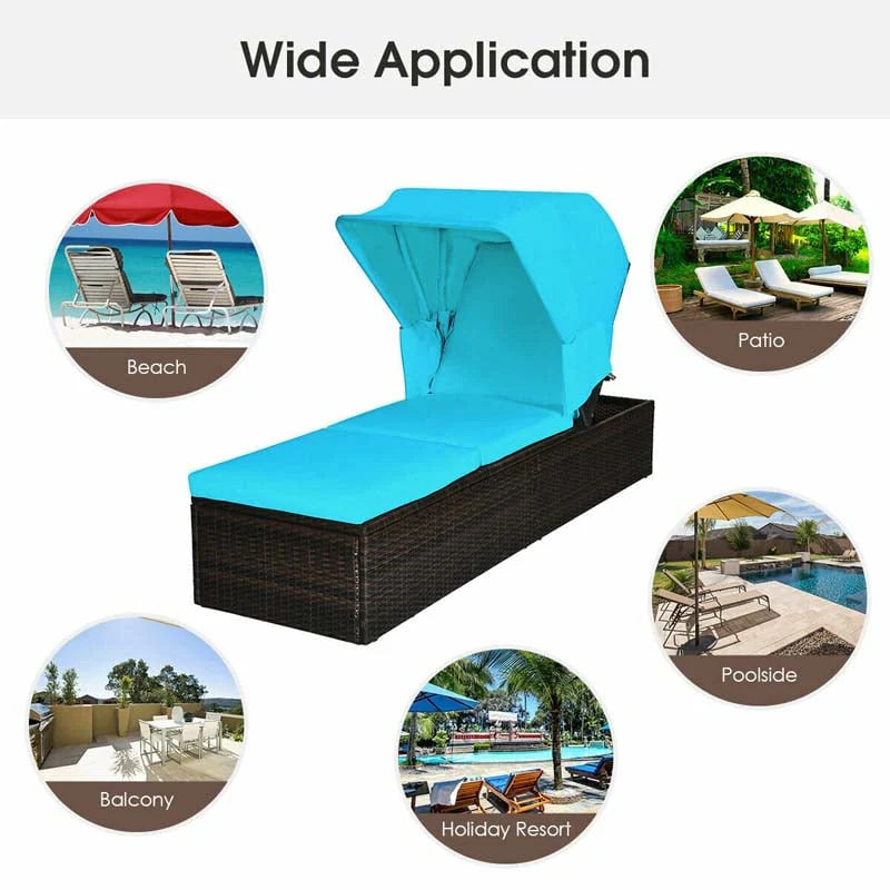 Cushioned Rattan Outdoor Chaise Lounge Chair Sun Lounger 5 Position With Folding Canopy Amp Flip Up Tea Table - Comfortable And Ergonomic Design