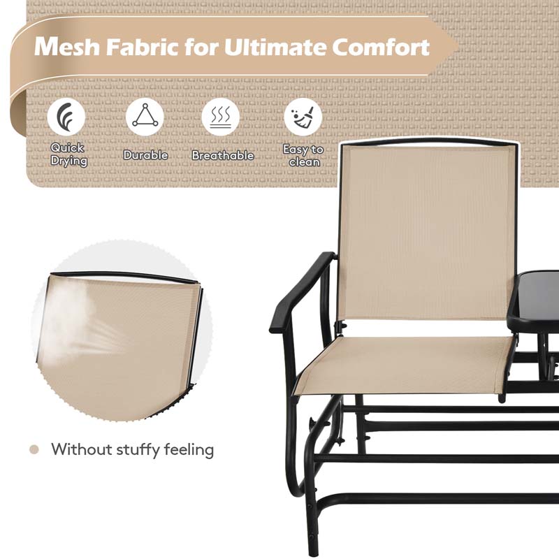 2 Person Outdoor Bench Glider Chair With Center Table Mesh Fabric Rocking Loveseat For Patio - Comfortable And Ergonomic Design