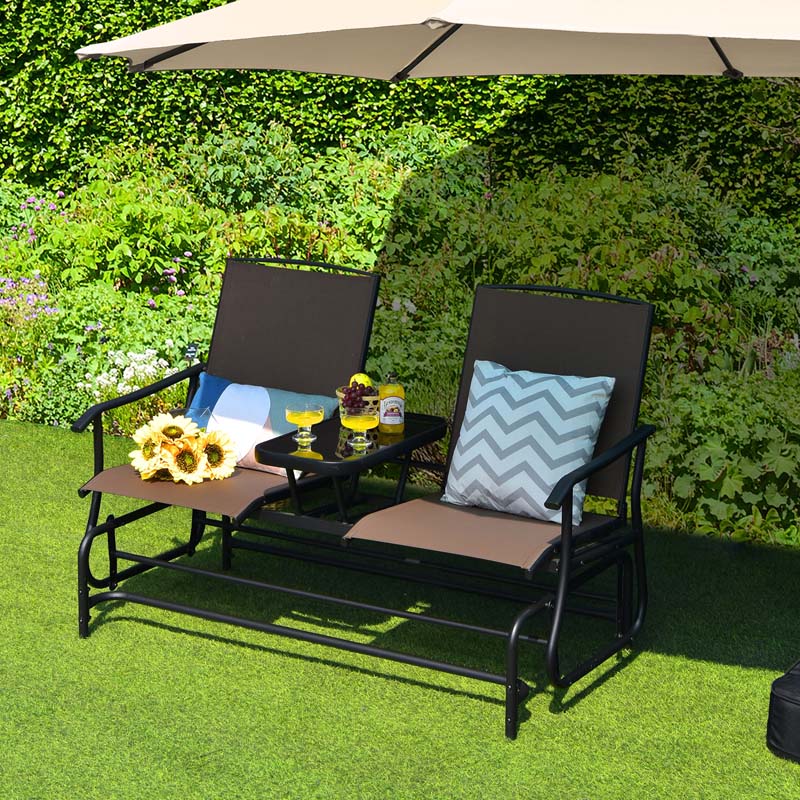 2 Person Outdoor Bench Glider Chair With Center Table Mesh Fabric Rocking Loveseat For Patio - Comfortable And Ergonomic Design