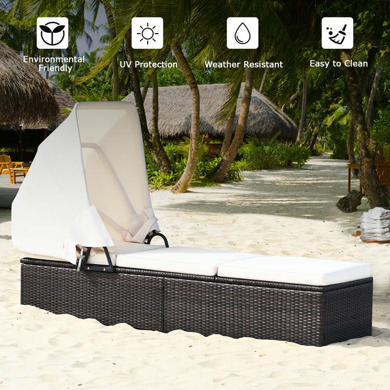 Cushioned Rattan Outdoor Chaise Lounge Chair Sun Lounger 5 Position With Folding Canopy Amp Flip Up Tea Table - Comfortable And Ergonomic Design