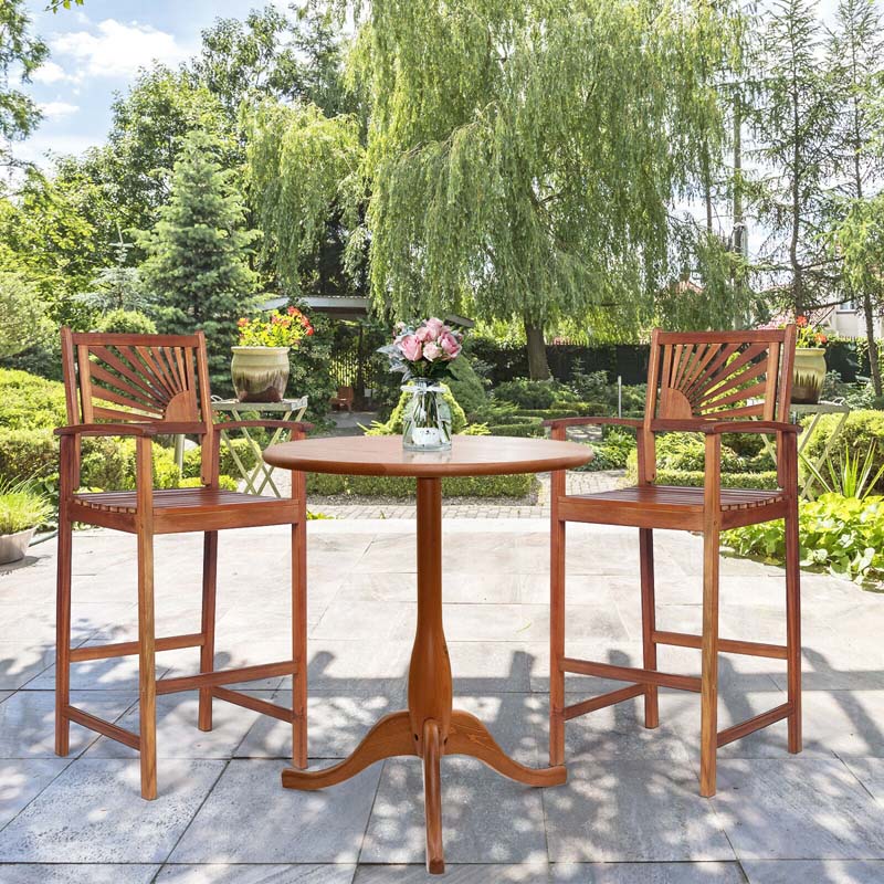 2 Pack Acacia Wood Bar Stools Outdoor Patio Bar Chairs With Sunflower Backrest Amp Curved Armrests - Comfortable And Ergonomic Design