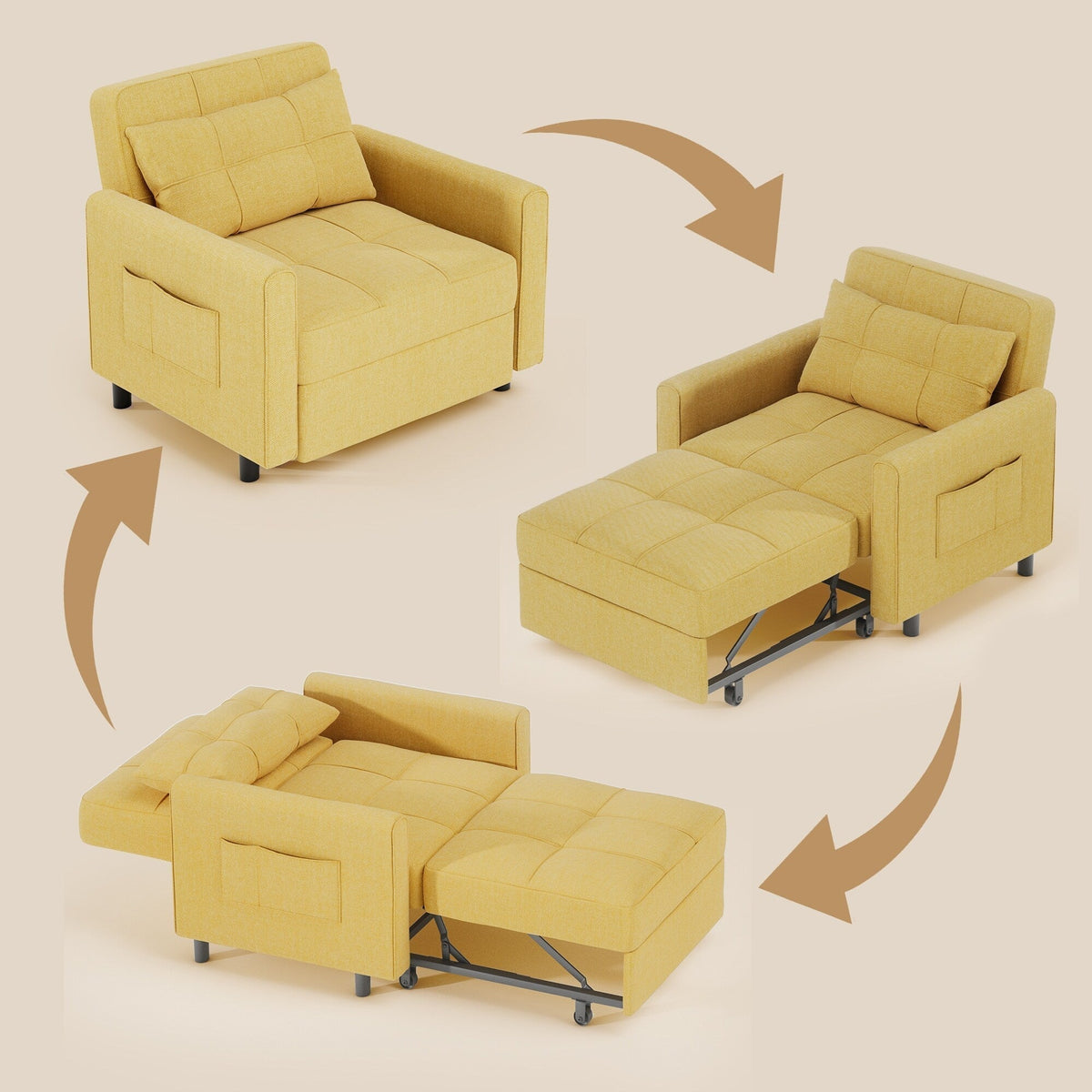 3-in-1 Adjustable Sleeper Sofa Bed, Pull Out Chair Sofa, Convertible Folding Bed for Living Room