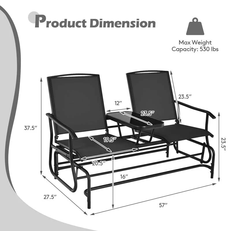 2 Person Outdoor Bench Glider Chair With Center Table Mesh Fabric Rocking Loveseat For Patio - Comfortable And Ergonomic Design