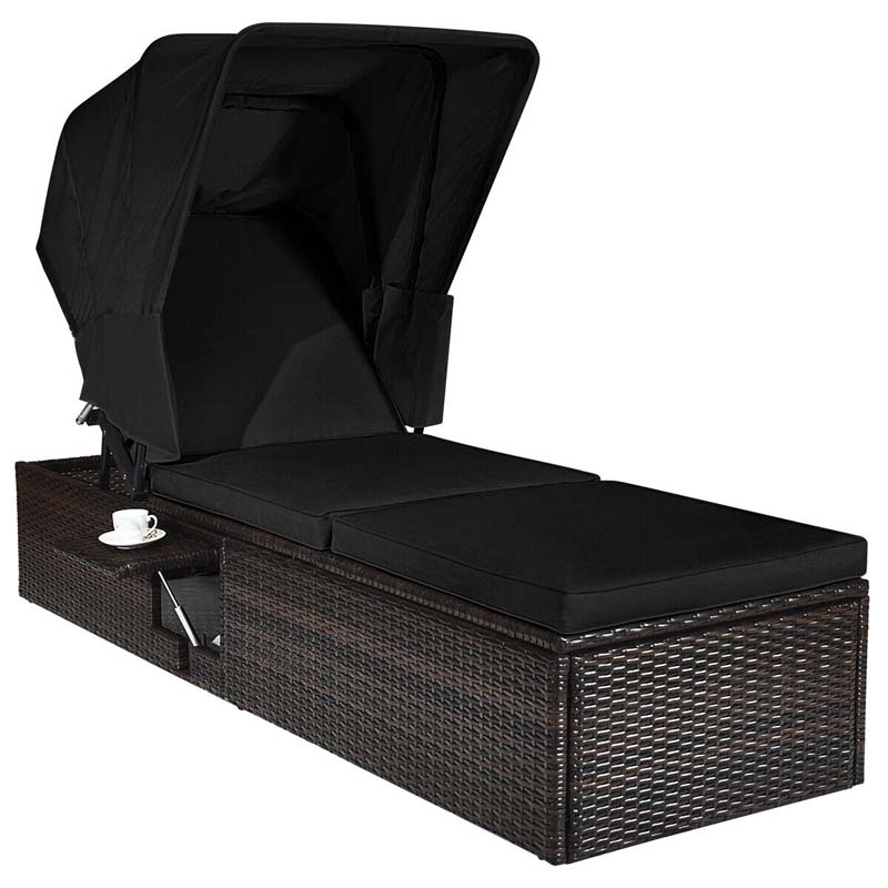 Cushioned Rattan Outdoor Chaise Lounge Chair Sun Lounger 5 Position With Folding Canopy Amp Flip Up Tea Table - Comfortable And Ergonomic Design