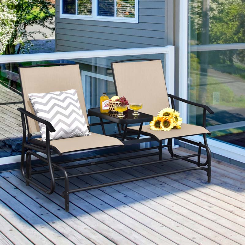 2 Person Outdoor Bench Glider Chair With Center Table Mesh Fabric Rocking Loveseat For Patio - Comfortable And Ergonomic Design