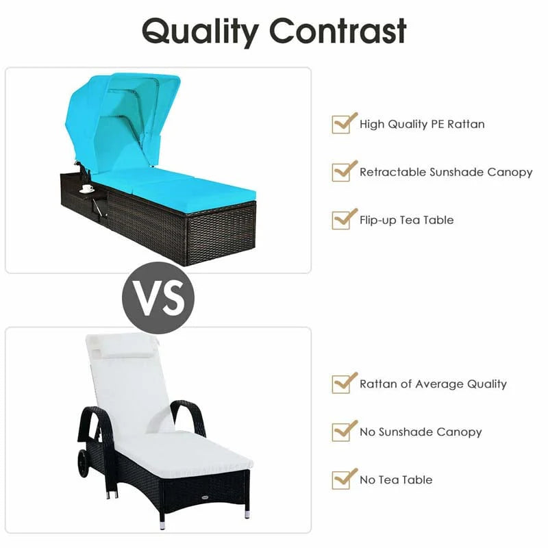 Cushioned Rattan Outdoor Chaise Lounge Chair Sun Lounger 5 Position With Folding Canopy Amp Flip Up Tea Table - Comfortable And Ergonomic Design