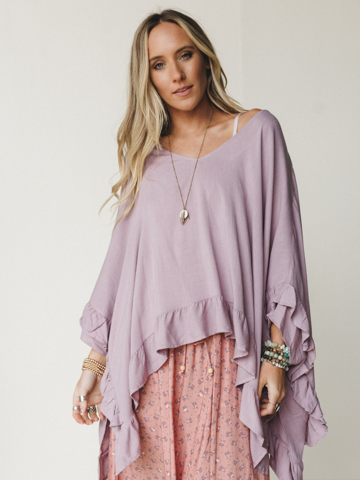 The Nest Let Me Ruffled Poncho Top - Pale Plum