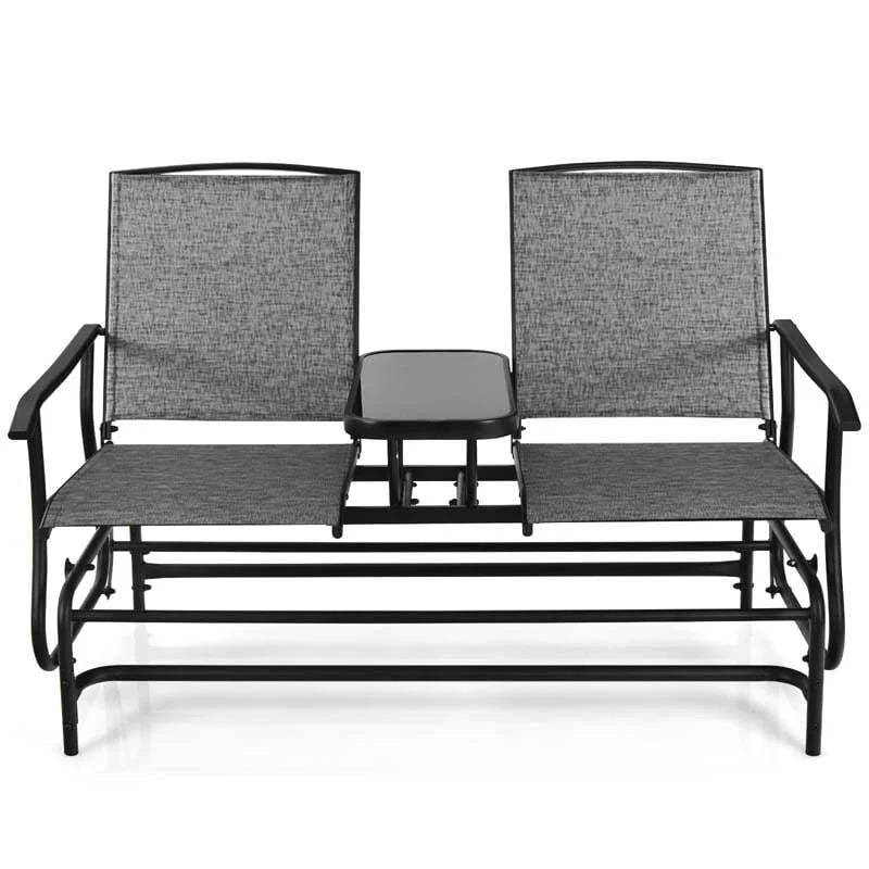 2 Person Outdoor Bench Glider Chair With Center Table Mesh Fabric Rocking Loveseat For Patio - Comfortable And Ergonomic Design