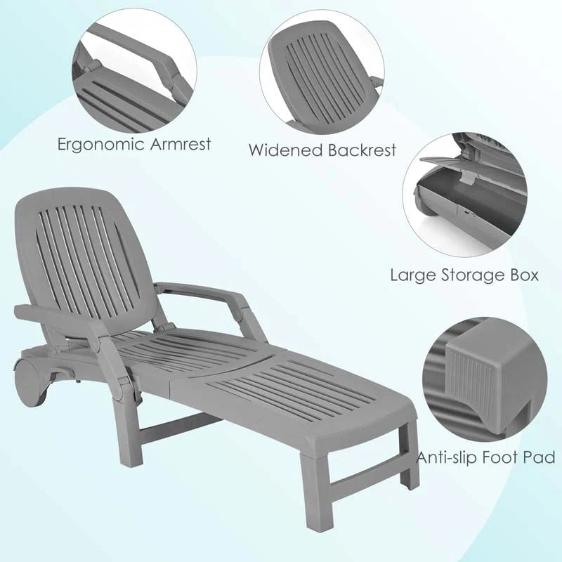 Weatherproof Folding Sun Lounger With Wheels 6 Position Plastic Outdoor Chaise Lounge Chair For Pool Beach Lawn - Comfortable And Ergonomic Design