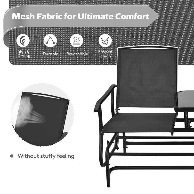 2 Person Outdoor Bench Glider Chair With Center Table Mesh Fabric Rocking Loveseat For Patio - Comfortable And Ergonomic Design