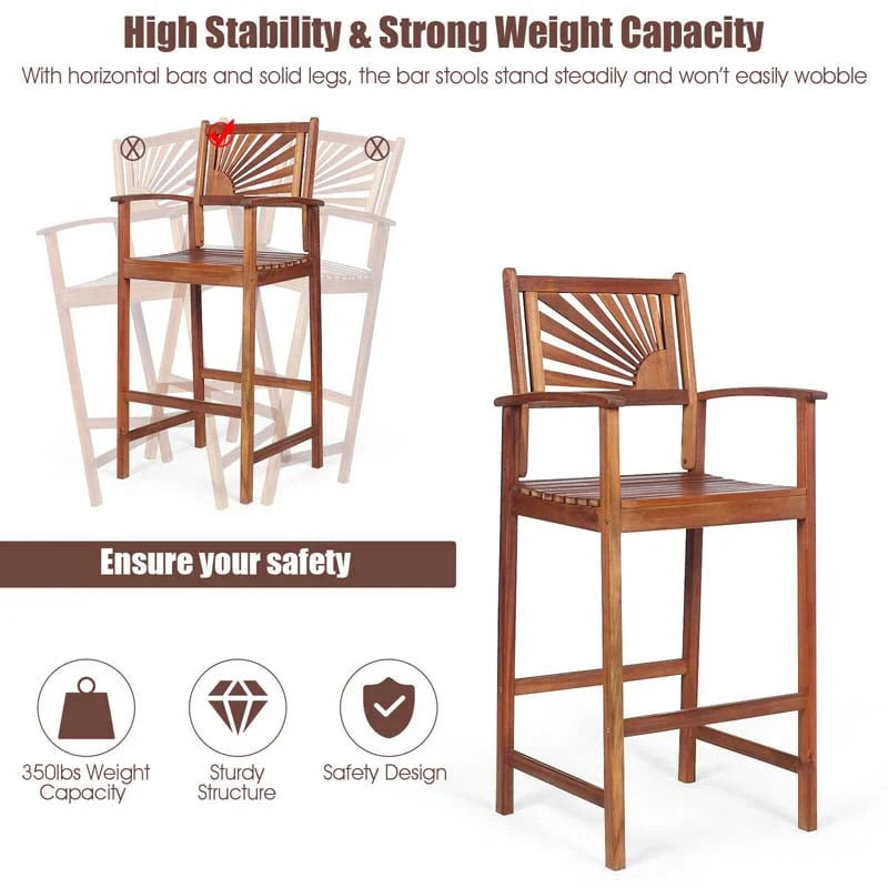 2 Pack Acacia Wood Bar Stools Outdoor Patio Bar Chairs With Sunflower Backrest Amp Curved Armrests - Comfortable And Ergonomic Design