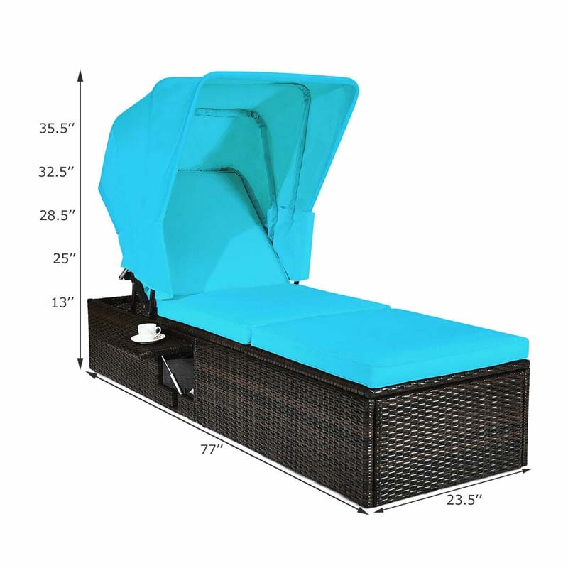 Cushioned Rattan Outdoor Chaise Lounge Chair Sun Lounger 5 Position With Folding Canopy Amp Flip Up Tea Table - Comfortable And Ergonomic Design