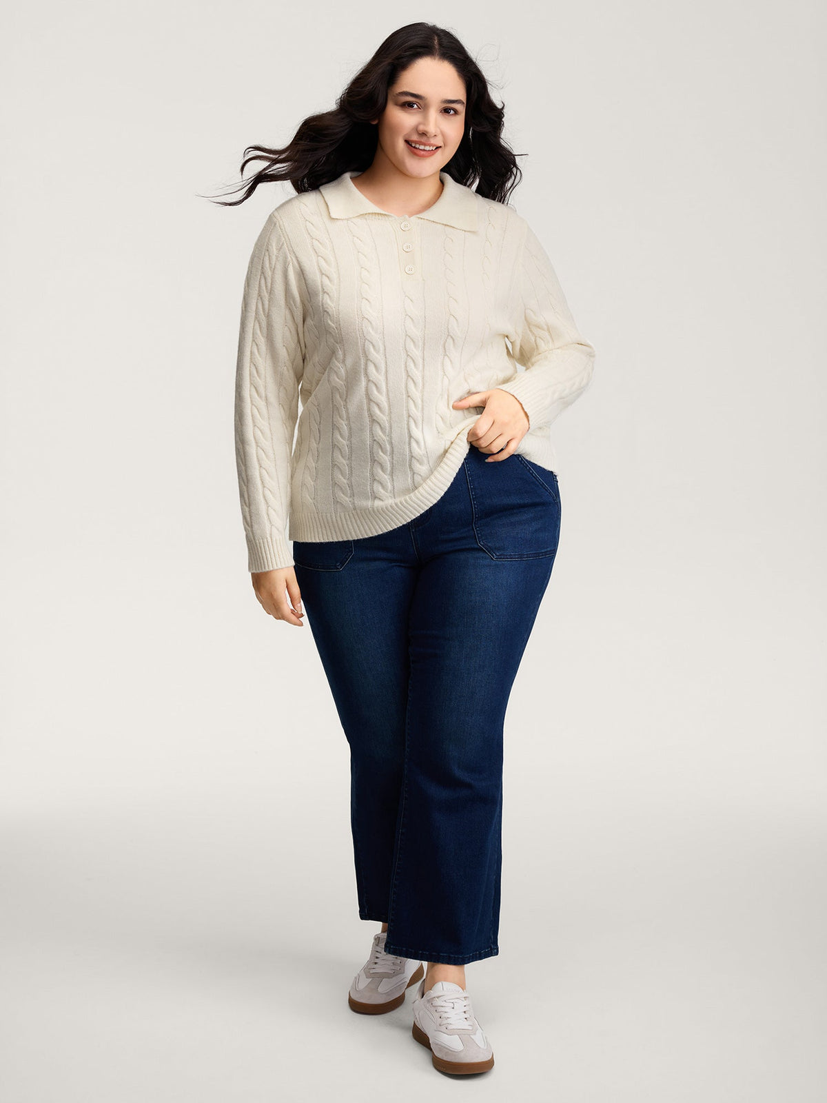 Supersoft Cable Knit Polo Collar Solid Pullover