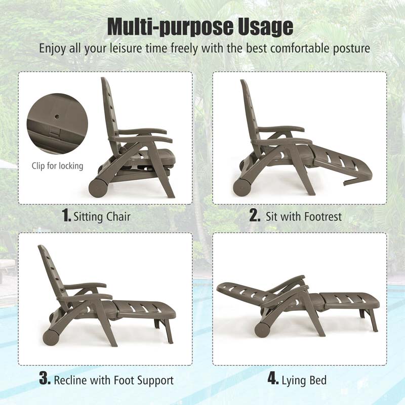 Rolling Folding Plastic Pool Lounge Chair With Armrests 5 Position Outdoor Sun Lounger Patio Deck Chair Beach Chair - Comfortable And Ergonomic Design