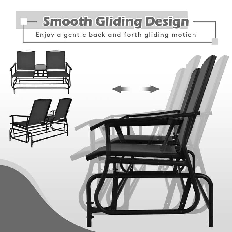 2 Person Outdoor Bench Glider Chair With Center Table Mesh Fabric Rocking Loveseat For Patio - Comfortable And Ergonomic Design