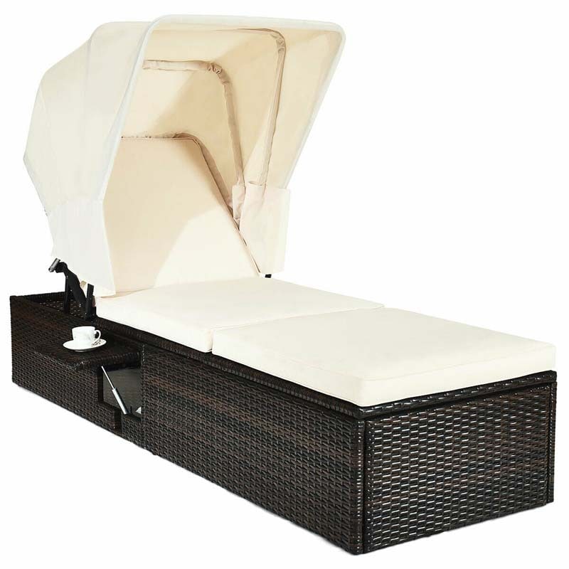 Cushioned Rattan Outdoor Chaise Lounge Chair Sun Lounger 5 Position With Folding Canopy Amp Flip Up Tea Table - Comfortable And Ergonomic Design