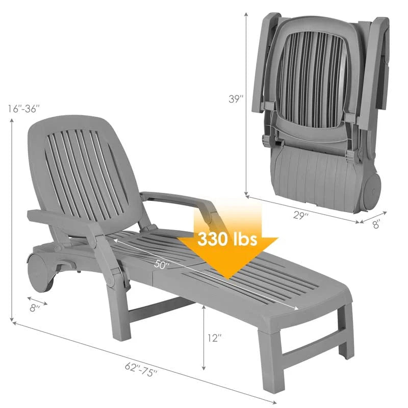 Weatherproof Folding Sun Lounger With Wheels 6 Position Plastic Outdoor Chaise Lounge Chair For Pool Beach Lawn - Comfortable And Ergonomic Design
