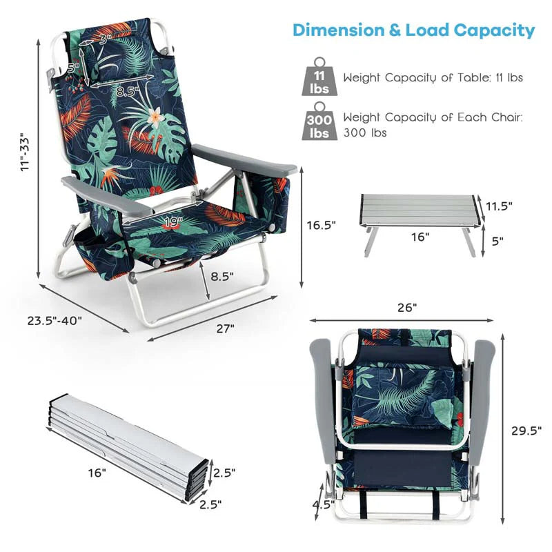 2 Pack 5 Position Outdoor Folding Backpack Beach Chair Amp Table Set Patio Lawn Camping Chair Beach Sling Chair - High Quality Set For Everyday Use