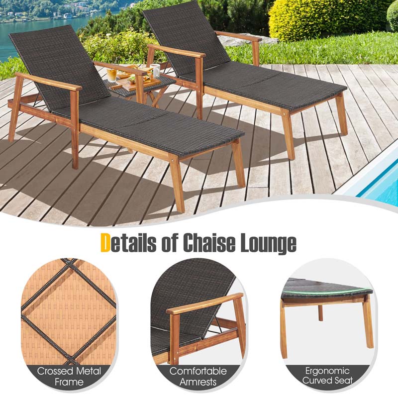 Acacia Wood Amp Rattan Patio Beach Outdoor Chaise Lounge Chairs Pool Sun Lounger Set With Folding Side Table - High Quality Set For Everyday Use