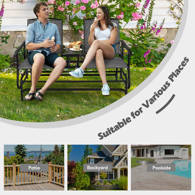 2 Person Outdoor Bench Glider Chair With Center Table Mesh Fabric Rocking Loveseat For Patio - Comfortable And Ergonomic Design