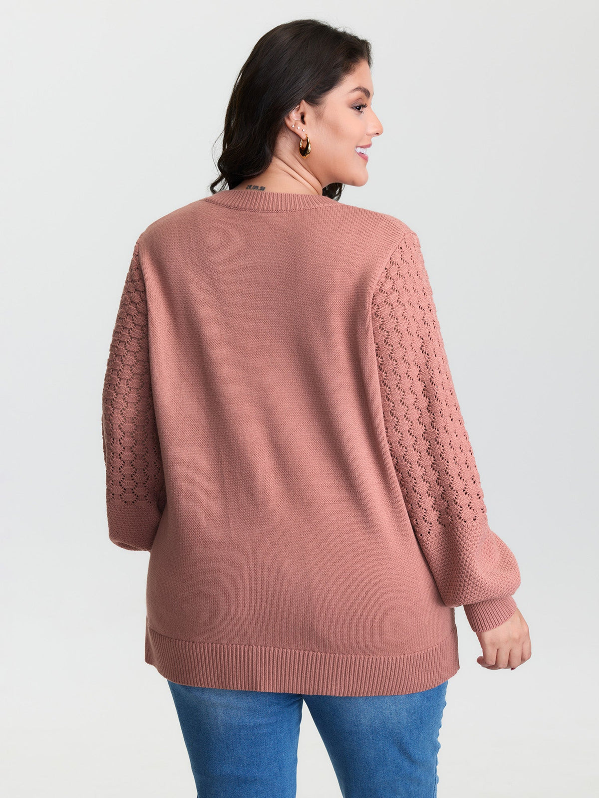 Textured Lantern Sleeve Ribbed-Hem Pullover