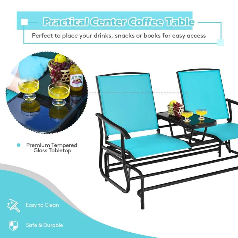 2 Person Outdoor Bench Glider Chair With Center Table Mesh Fabric Rocking Loveseat For Patio - Comfortable And Ergonomic Design