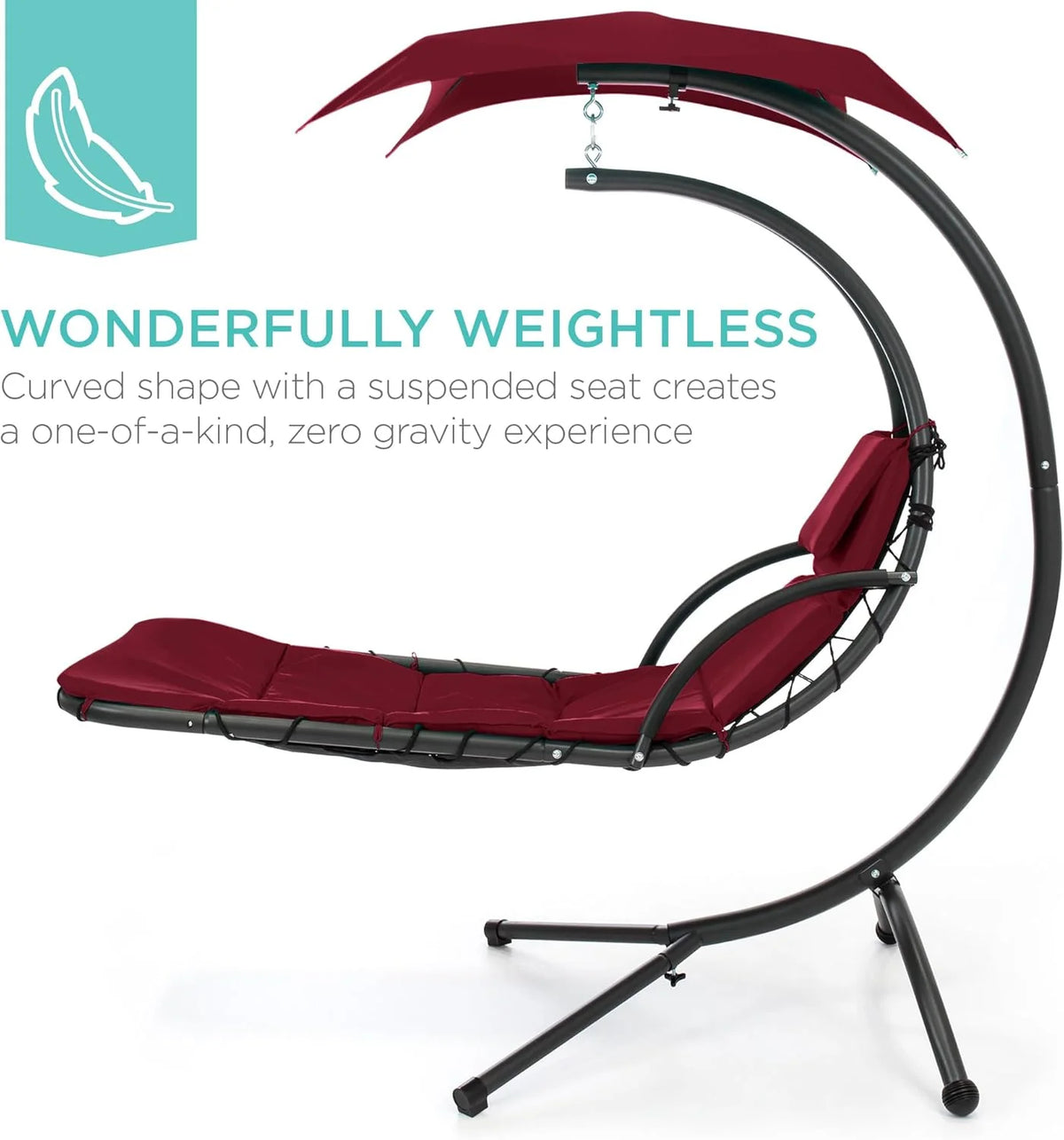 Best Choice Products Outdoor Hanging Curved Steel Chaise Lounge Chair Swing w/Built-in Pillow and Removable Canopy - Charcoal Gray