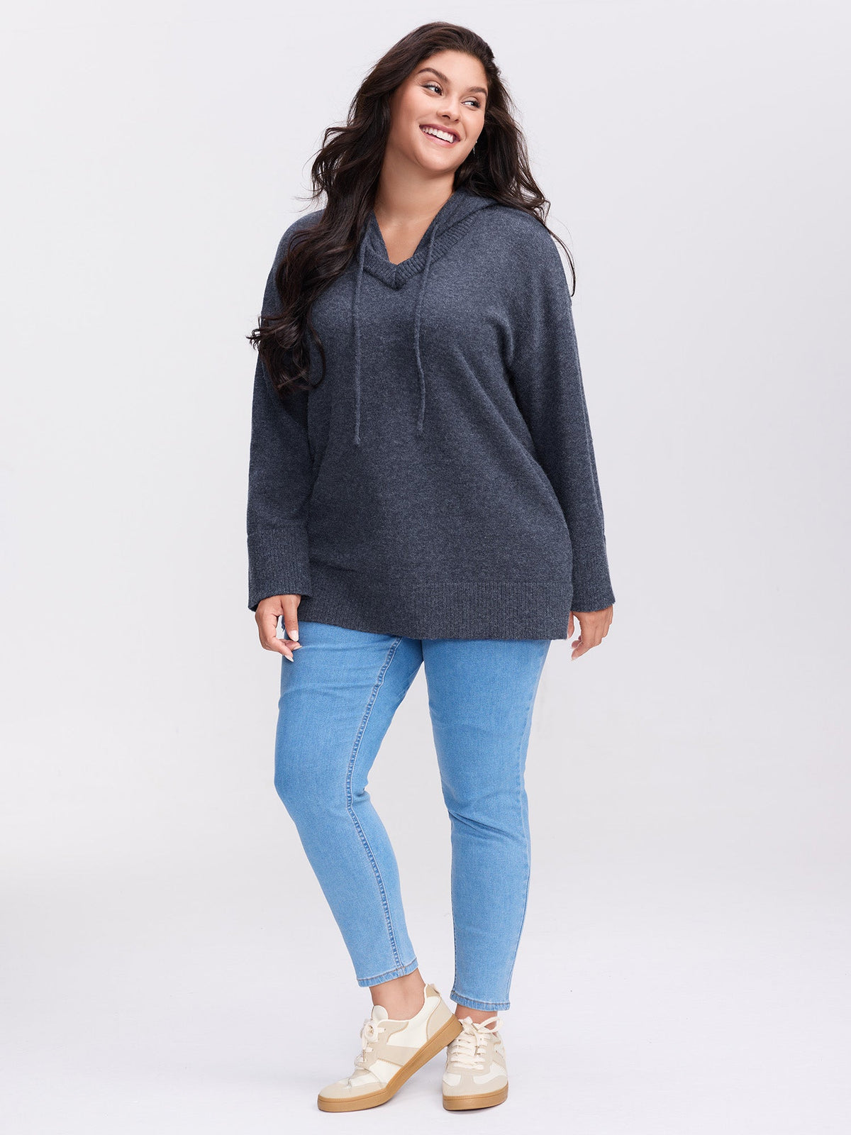 Straight-Sleeve Hooded Solid Pullover