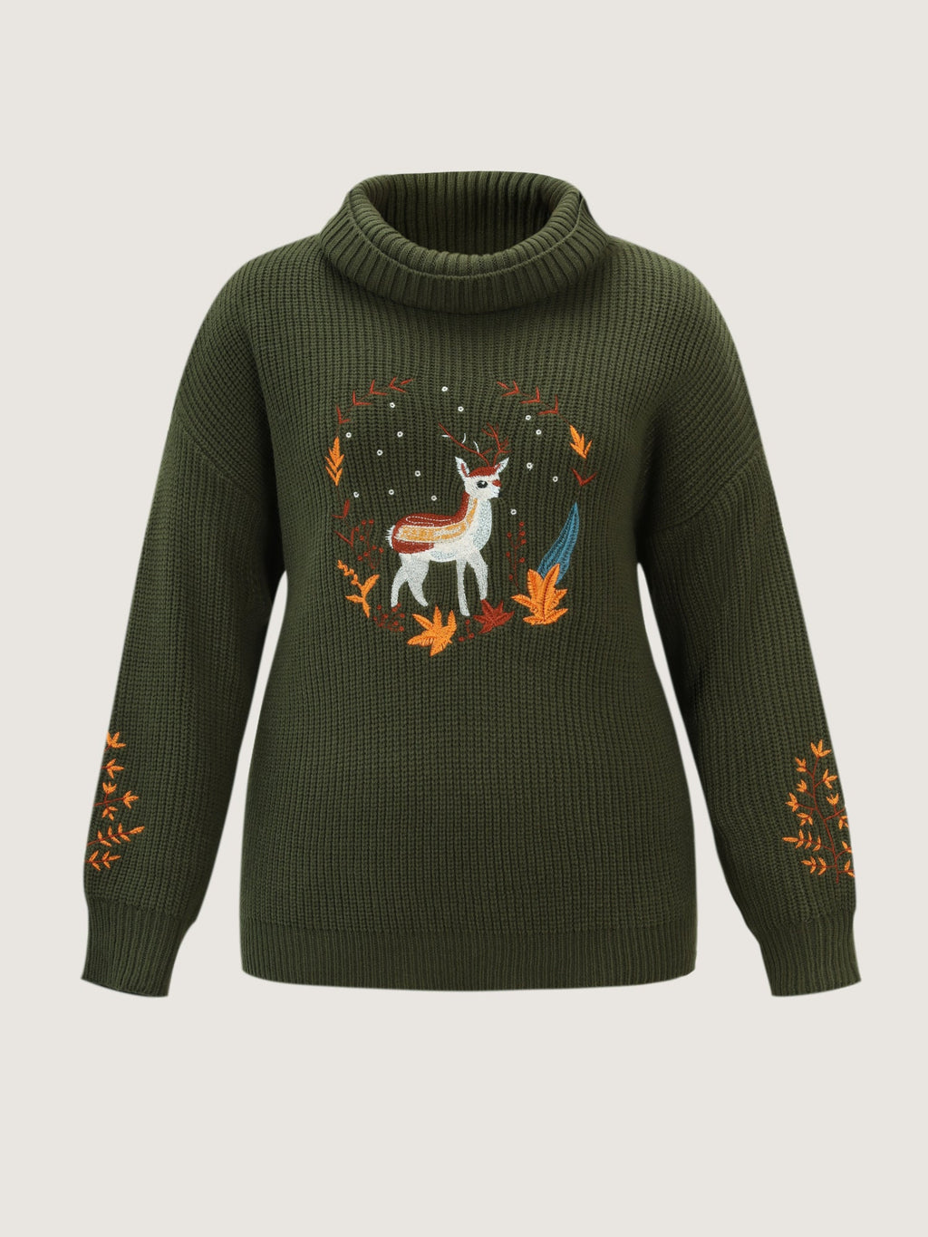 Turtleneck Deer Embroidery Knit Pullover