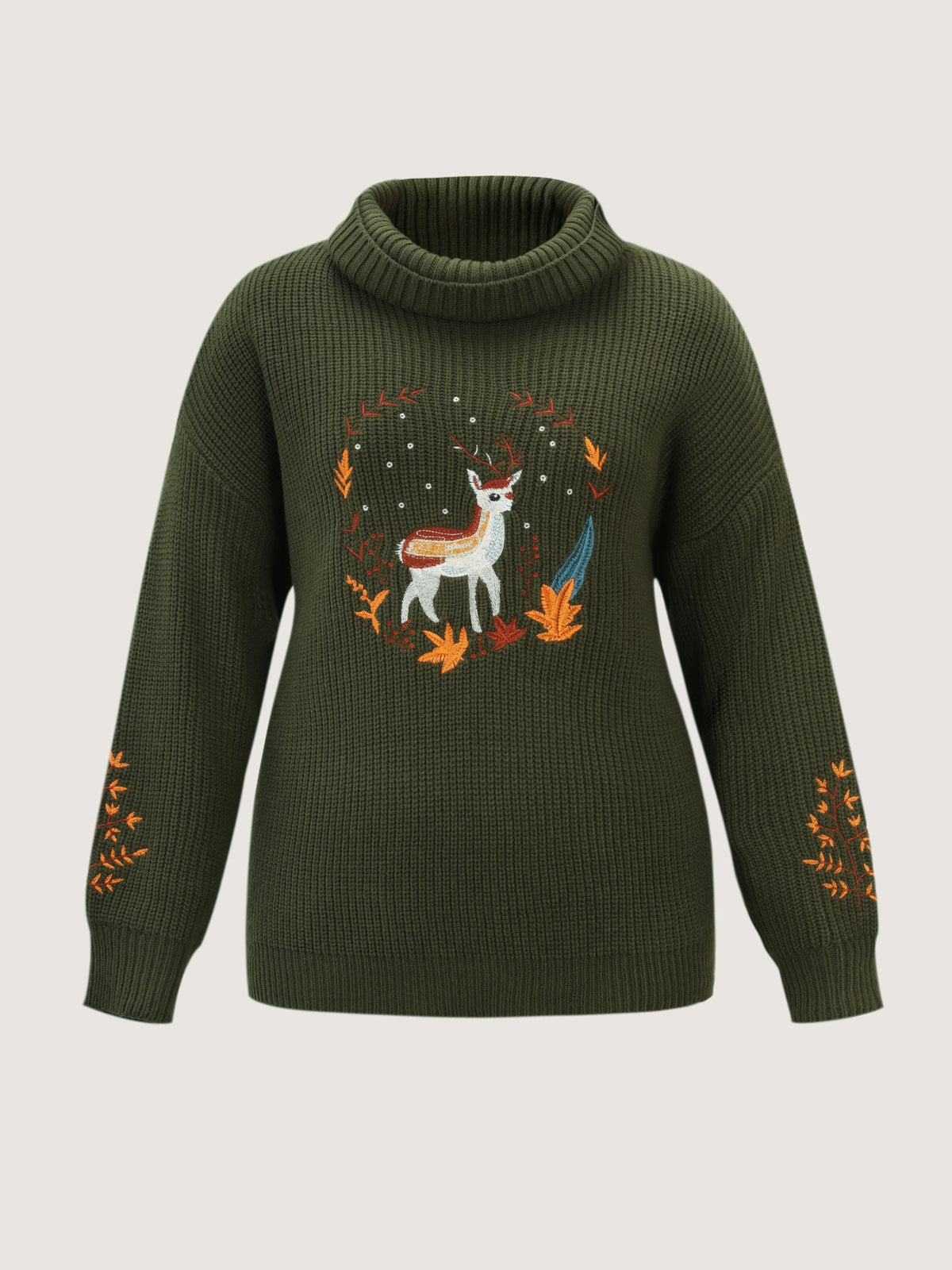 Turtleneck Deer Embroidery Knit Pullover