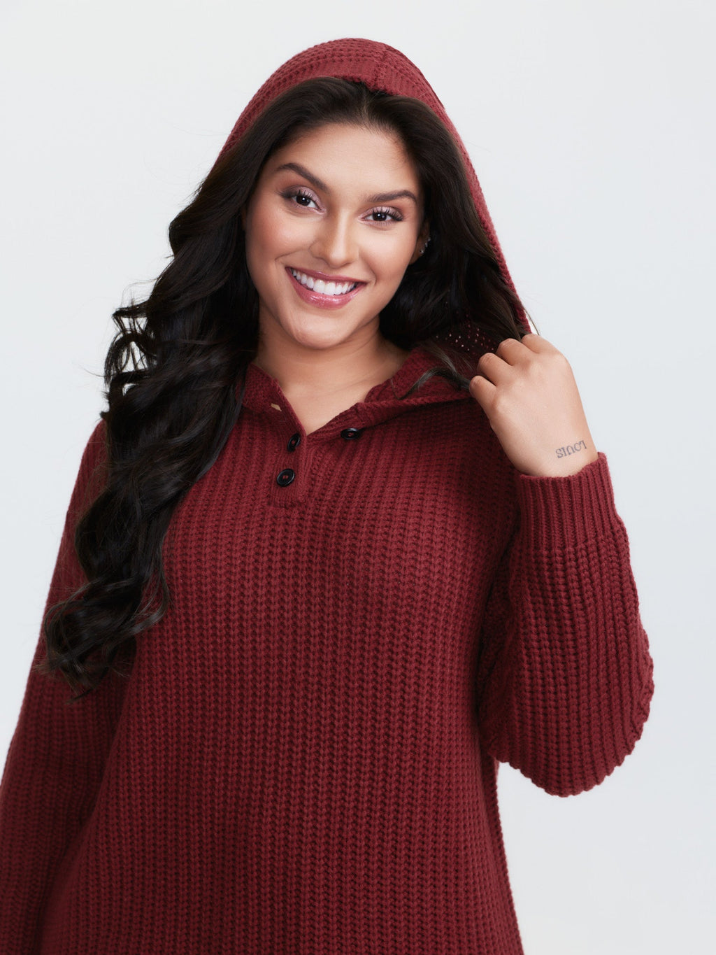 Hooded Textured Half Placket Button Pullover