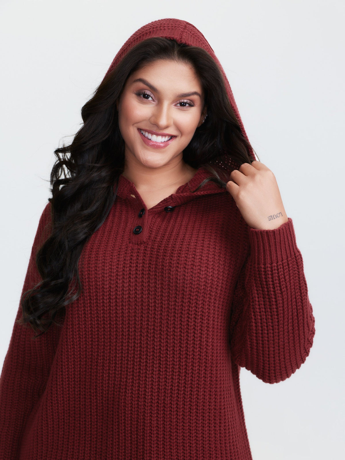Hooded Textured Half Placket Button Pullover