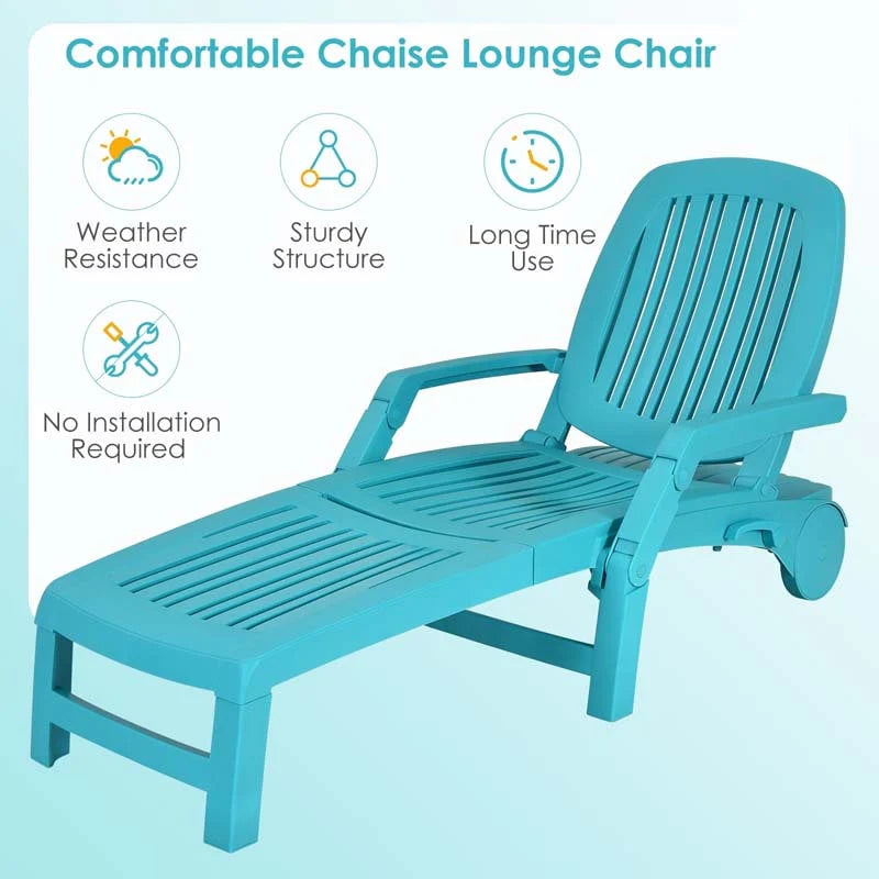Weatherproof Folding Sun Lounger With Wheels 6 Position Plastic Outdoor Chaise Lounge Chair For Pool Beach Lawn - Comfortable And Ergonomic Design