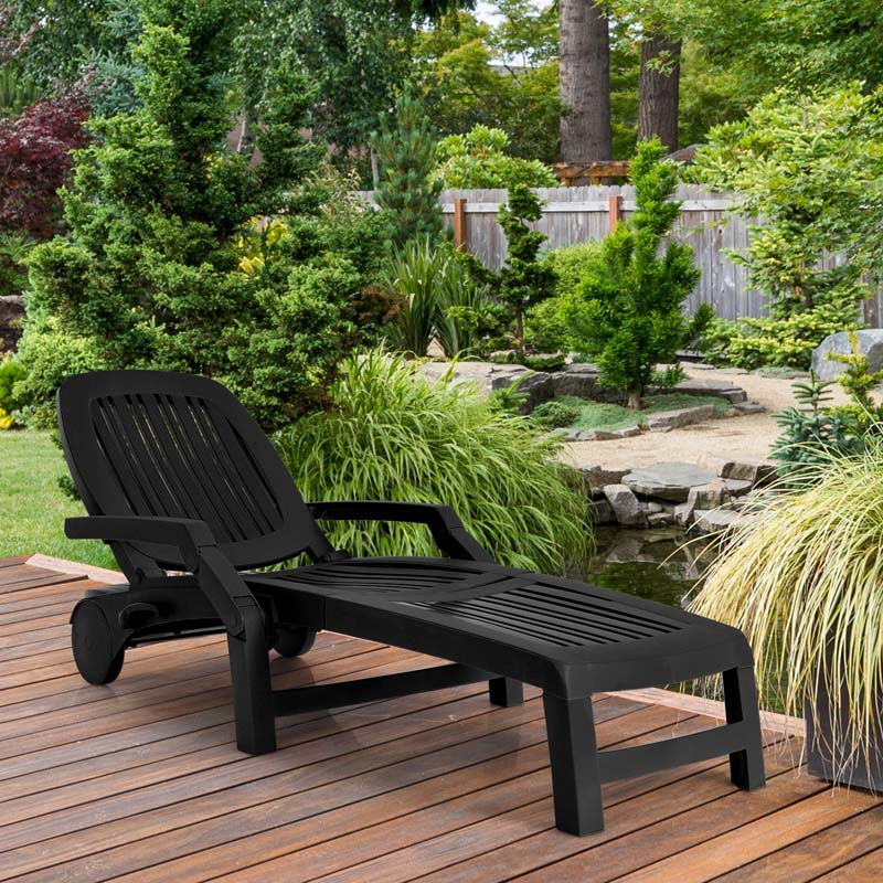 Weatherproof Folding Sun Lounger With Wheels 6 Position Plastic Outdoor Chaise Lounge Chair For Pool Beach Lawn - Comfortable And Ergonomic Design