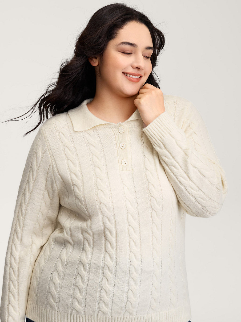 Supersoft Cable Knit Polo Collar Solid Pullover