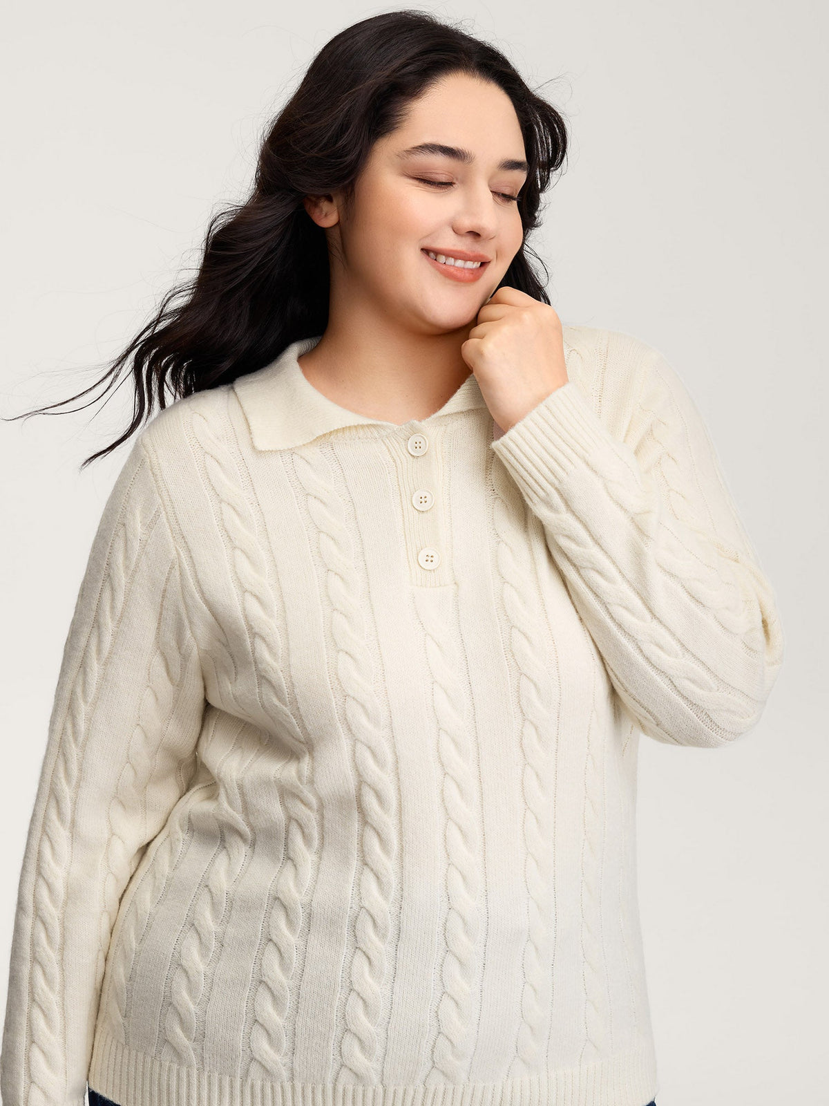 Supersoft Cable Knit Polo Collar Solid Pullover