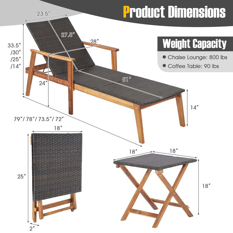 Acacia Wood Amp Rattan Patio Beach Outdoor Chaise Lounge Chairs Pool Sun Lounger Set With Folding Side Table - High Quality Set For Everyday Use