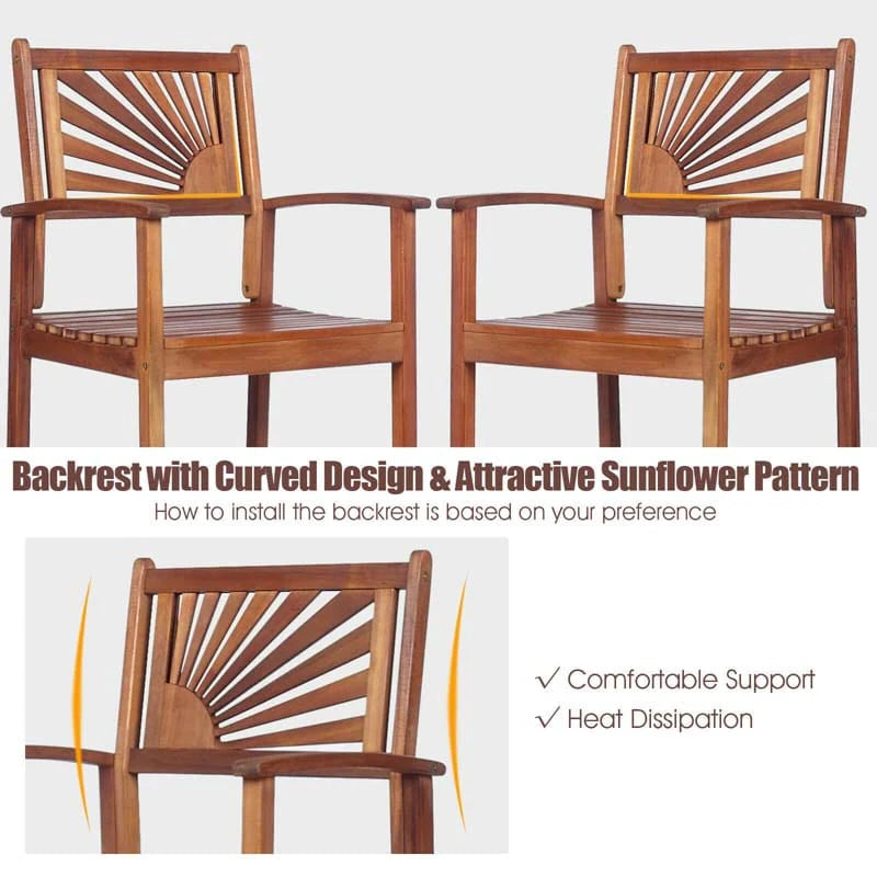 2 Pack Acacia Wood Bar Stools Outdoor Patio Bar Chairs With Sunflower Backrest Amp Curved Armrests - Comfortable And Ergonomic Design
