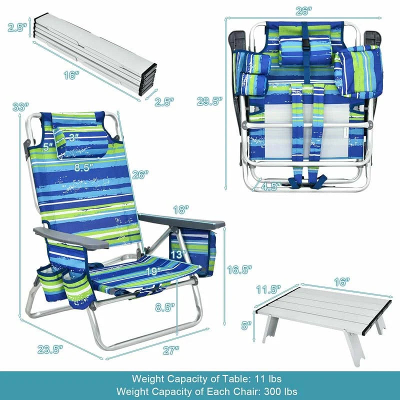 2 Pack 5 Position Outdoor Folding Backpack Beach Chair Amp Table Set Patio Lawn Camping Chair Beach Sling Chair - High Quality Set For Everyday Use