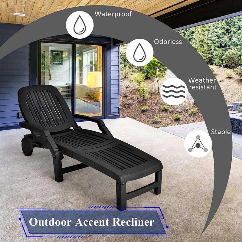 Weatherproof Folding Sun Lounger With Wheels 6 Position Plastic Outdoor Chaise Lounge Chair For Pool Beach Lawn - Comfortable And Ergonomic Design