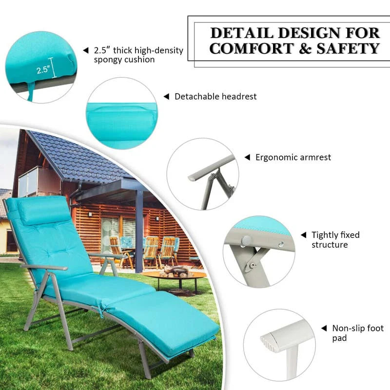 7 Position Folding Outdoor Chaise Lounge Chair Lightweight Patio Pool Chair Sun Lounger With Cushion Amp Pillow - Comfortable And Ergonomic Design