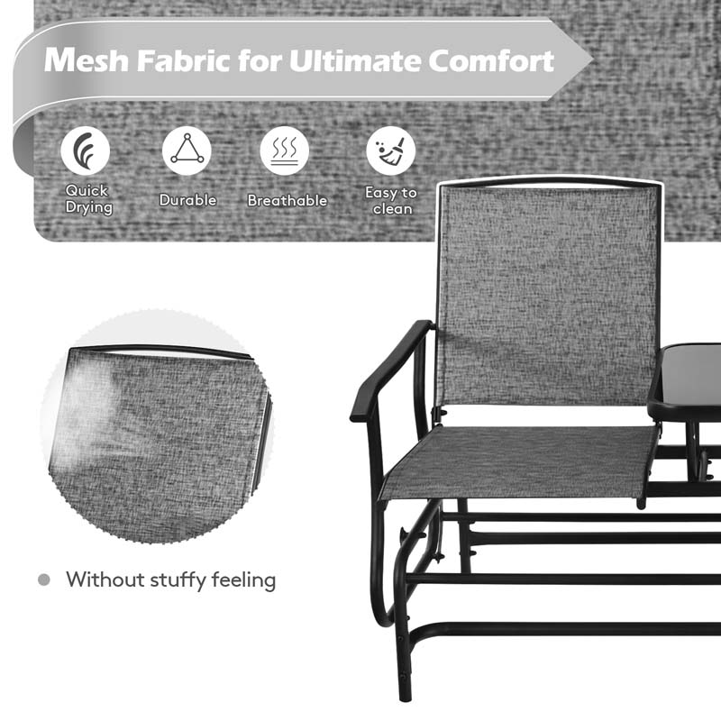 2 Person Outdoor Bench Glider Chair With Center Table Mesh Fabric Rocking Loveseat For Patio - Comfortable And Ergonomic Design