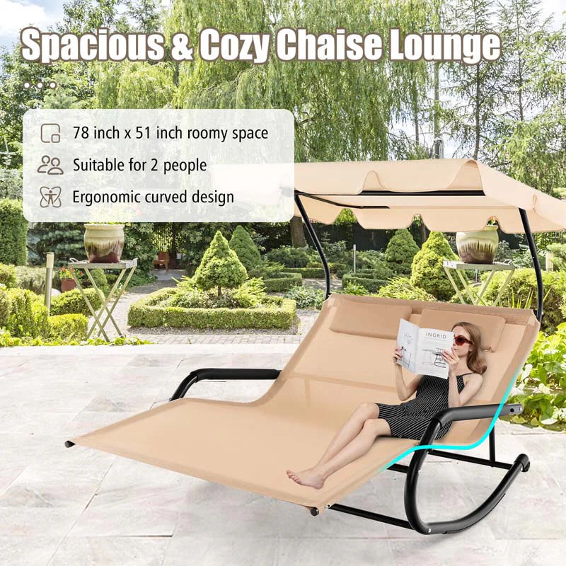 2 Person Patio Hammock Bed Swing Chair Extra Large Outdoor Rocking Chaise Lounge With Adjustable Canopy And Wheels - Comfortable And Ergonomic Design