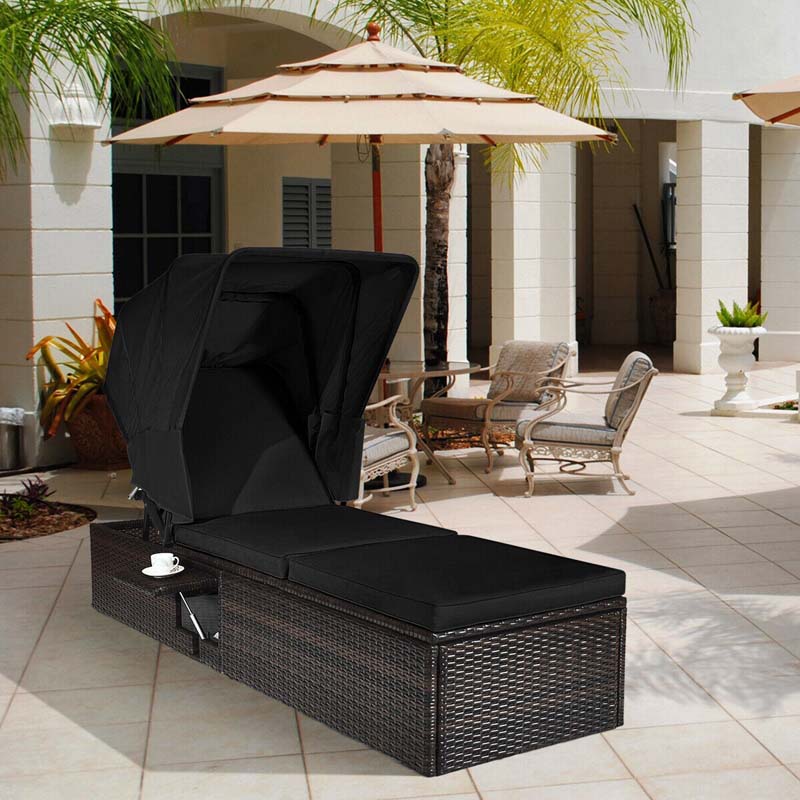 Cushioned Rattan Outdoor Chaise Lounge Chair Sun Lounger 5 Position With Folding Canopy Amp Flip Up Tea Table - Comfortable And Ergonomic Design