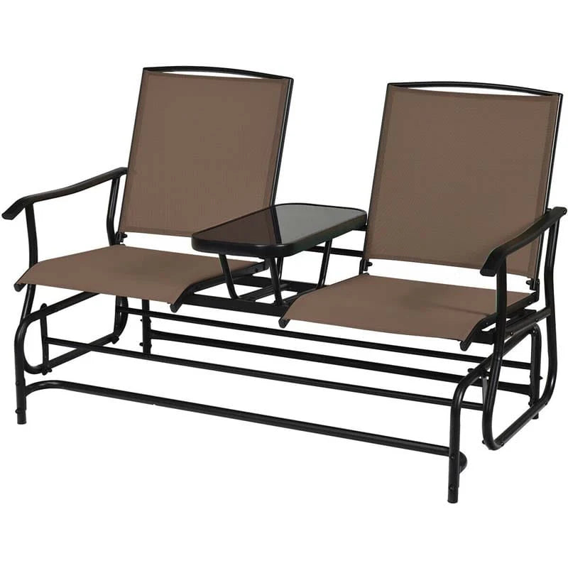 2 Person Outdoor Bench Glider Chair With Center Table Mesh Fabric Rocking Loveseat For Patio - Comfortable And Ergonomic Design