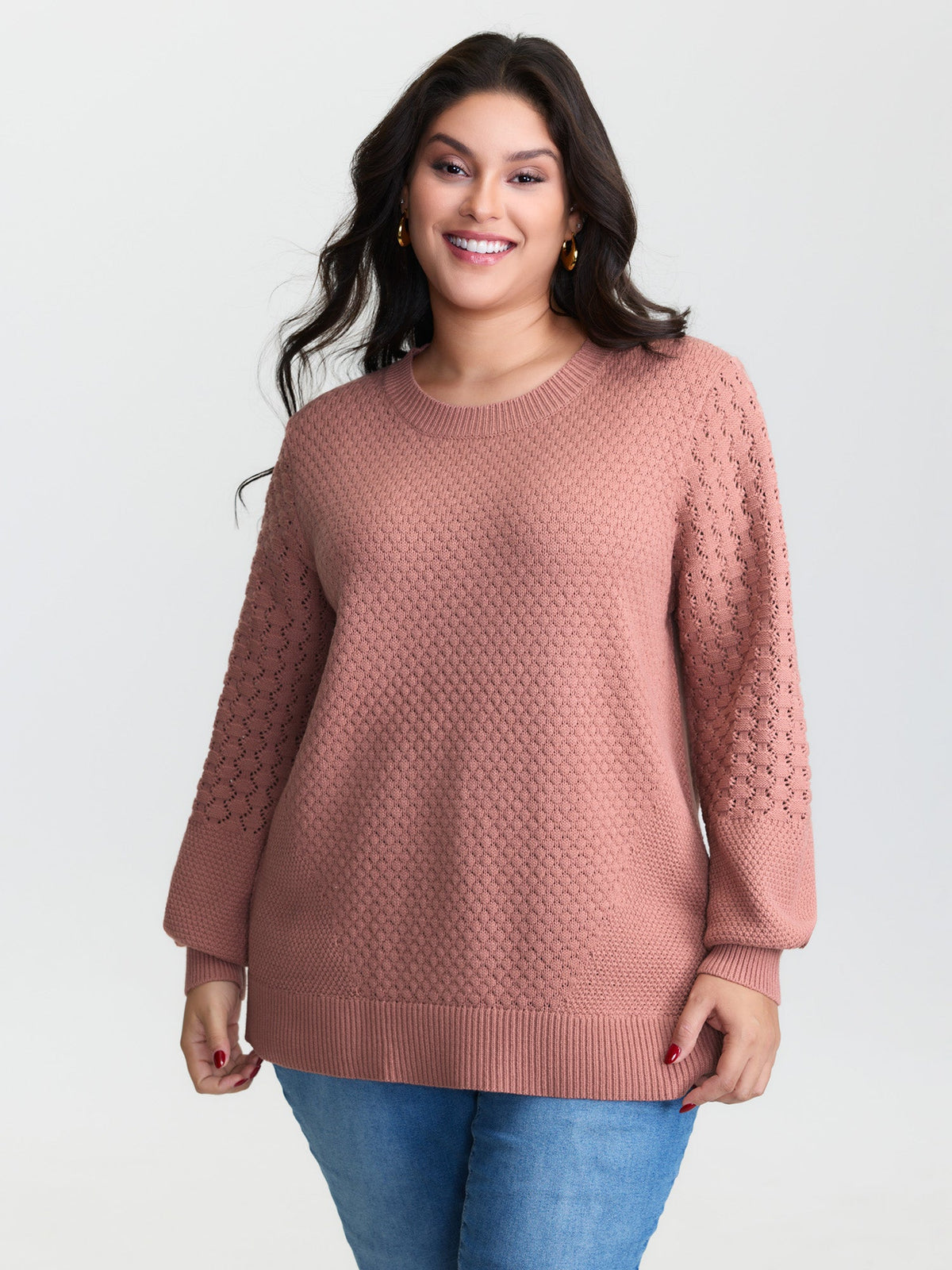 Textured Lantern Sleeve Ribbed-Hem Pullover