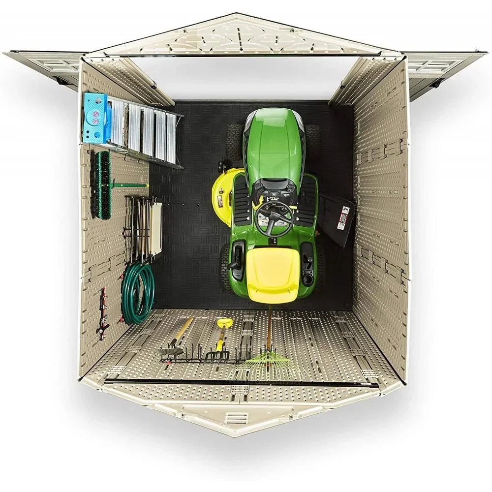 Rubbermaid 7×7 Ft Durable Weather Resistant Resin Outdoor Garden Storage Shed with Windows and Utility Hooks, Sand