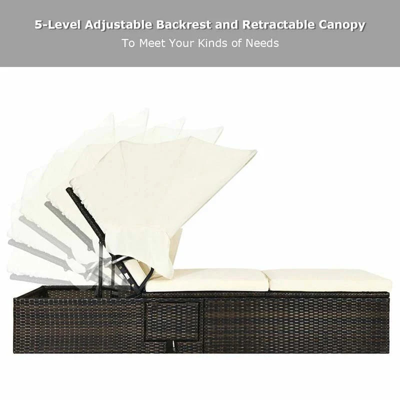 Cushioned Rattan Outdoor Chaise Lounge Chair Sun Lounger 5 Position With Folding Canopy Amp Flip Up Tea Table - Comfortable And Ergonomic Design