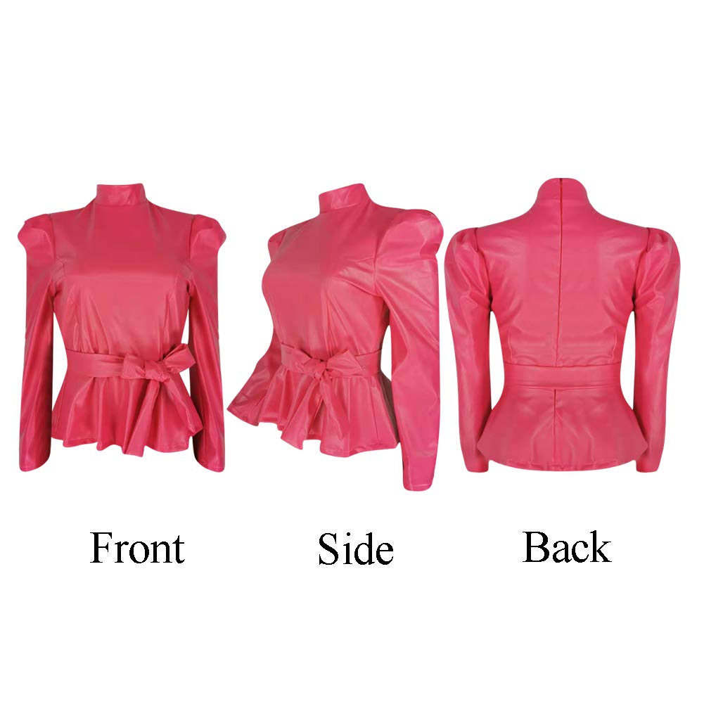 acelyn Women's Matte Mock Neck Turtleneck Long Sleeve Faux Leather Shirts Blouse Top with Belted Rosy M